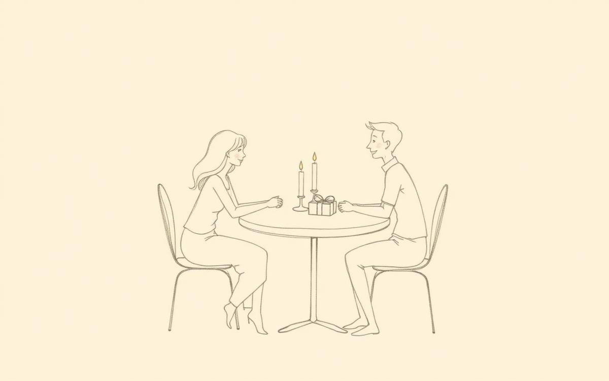 Pencil sketch of a couple at a candlelit anniversary dinner with a gift