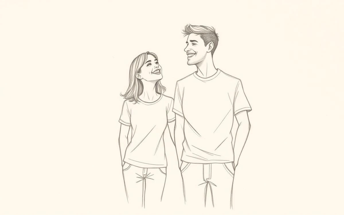 Pencil sketch of a couple in matching t-shirts laughing together