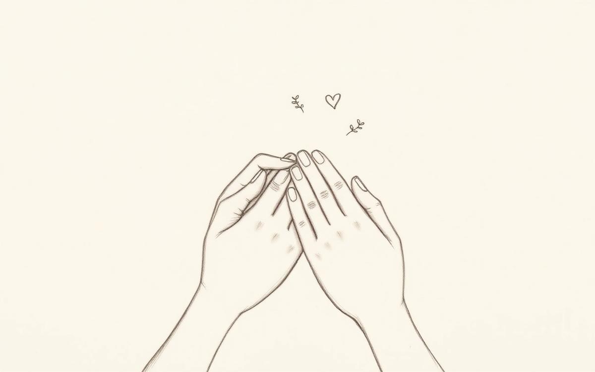 Pencil sketch of two hands with an engagement ring and small hearts