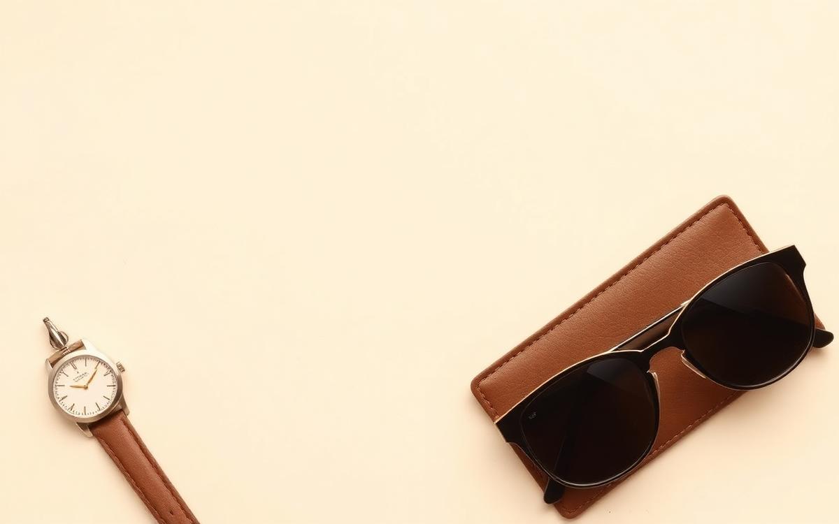 Pencil sketch flat lay of a watch, leather wallet and sunglasses