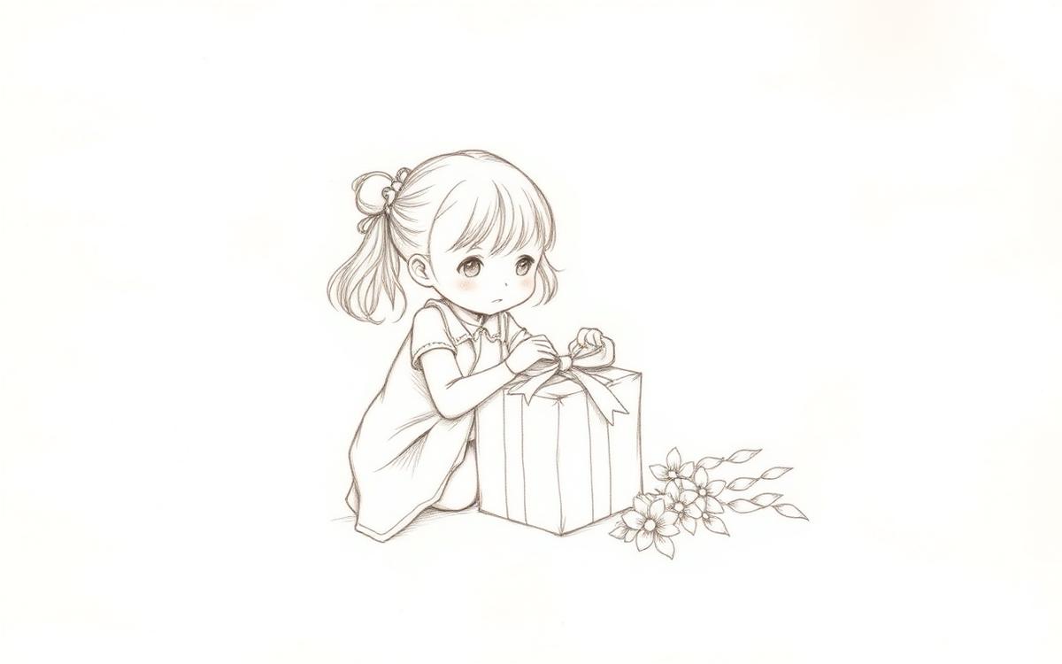 Pencil sketch of a girl untying the ribbon on a gift box beside flowers