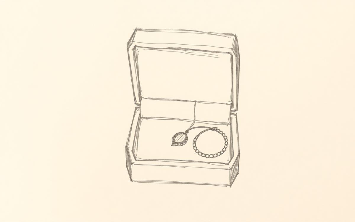 Pencil sketch of an open jewellery box holding a pendant and a bracelet