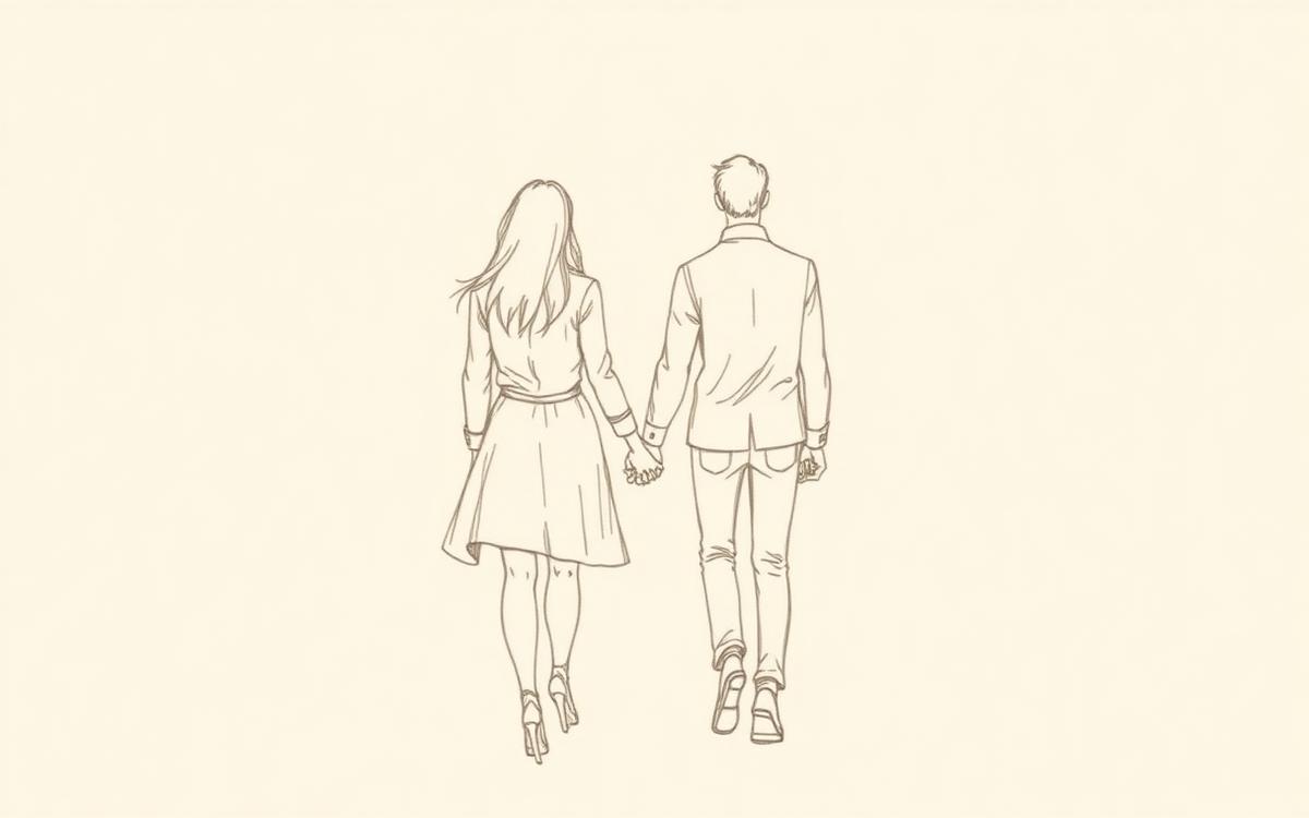 Pencil sketch of a couple in coordinated outfits walking hand in hand