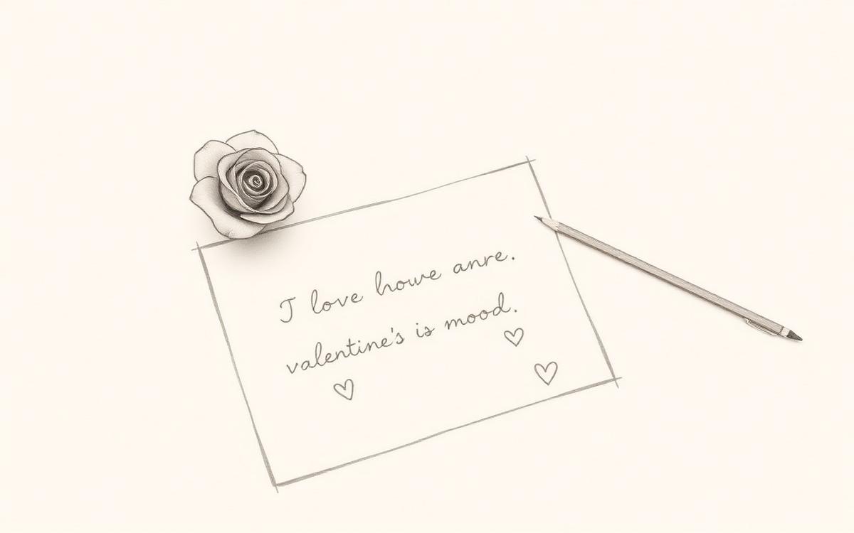 Pencil sketch of a handwritten love note with a rose and pencil